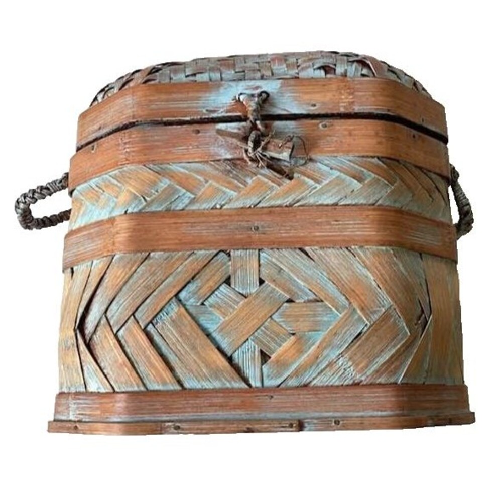 Chinese Woven Rattan Chest Basket Storage Lid Wedding Handle Decor Blue Washwash - Picture 6 of 12